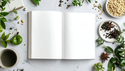 Open book surrounded by greenery and spices
