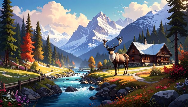 Alpine landscape with deer and chalet