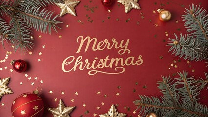 Festive Christmas Cheer Golden Inscription and Ornament Adorned Red Surface Seasonal Holiday Card