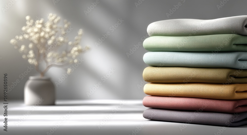 Poster stack of colorful folded linen with a decorative vase on a white table