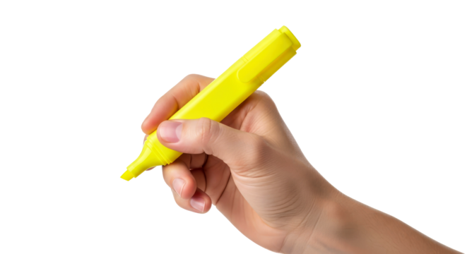hand holds yellow highlighter, ready to emphasize, bright idea concept, isolated on transparent background