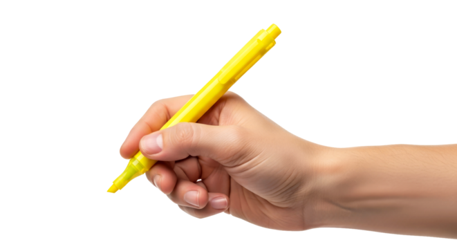hand holding yellow highlighter bright ideas, creative thinking, notetaking essentials, isolated on transparent background