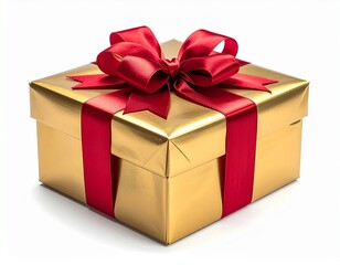 Fototapeta premium A Golden Gift: A meticulously crafted golden gift box adorned with a luxurious red ribbon, symbolizing elegance, anticipation, and the spirit of giving.