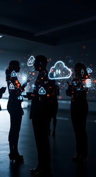 Business team silhouettes blended with futuristic cloud computing icons.