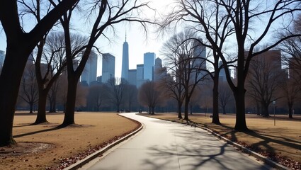 A park path with leafless trees leads to a city skyline under a sunny sky.