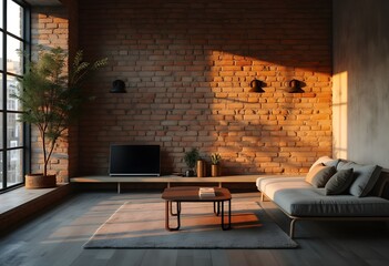 Sun-drenched Industrial Living Room: Exposed Brick, Modern Comfort, Warmth.