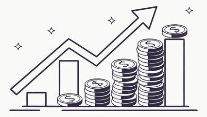 Stylized illustration of rising stacks of coins and an upward trending arrow representing financial growth and success