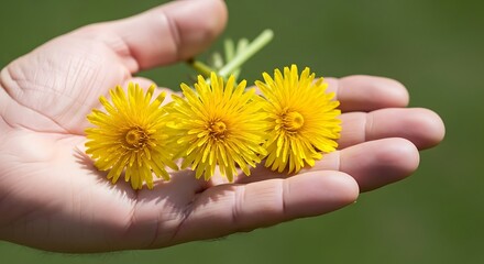 Hand holding three yellow dandelions.