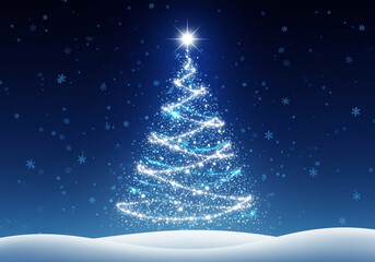Glowing Christmas tree with sparkling lights and falling snowflakes on a snowy landscape