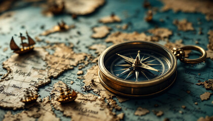 Vintage textured world map with compass and miniature ships