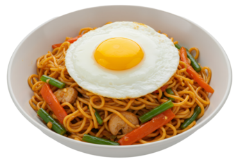 皿に盛られた麺料理 卵と野菜添え 温かい料理とシンプルな背景