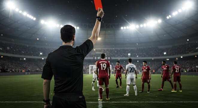 Referee holding up a red card, dramatic sports action moment