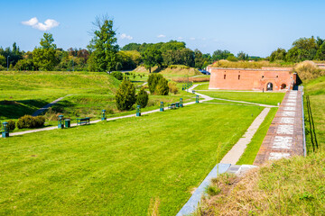 Green gardens in Zamost city park in summer, Roztocze region, Poland