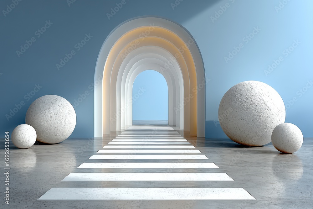 Poster minimalist architectural design featuring white arches and round shapes in soft lighting