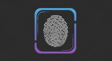 A modern, minimalist depiction of biometric security featuring a stylized white fingerprint, Biometric identification icon on dark background framed by a colorful gradient