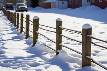 Holzzaun mit Schneebedeckung und langen Schatten an einem sonnigen Wintertag, verschneite Landschaft und ruhige Stimmung im Freien