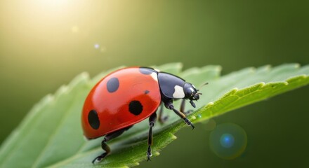 Obraz premium Beautiful Ladybug on a Green Leaf in Sunlight