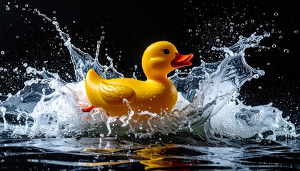 A yellow rubber duck splashing in water