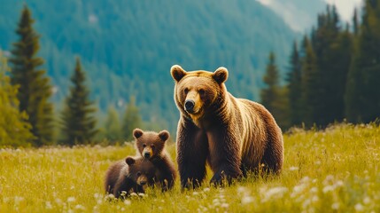 Brown bear mother and two cubs in a sunlit meadow with pine trees grizzly bear photo