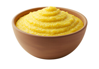 鮮やかな黄色のピューレと木製のボウルのクローズアップ 透明な背景に美味しい食事の調理された写真