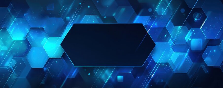 Abstract futuristic design with glowing blue shapes and hexagonal patterns