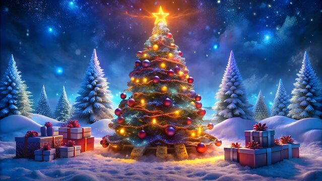 Magical Christmas Eve Scene Glowing Tree Presents Snowscape