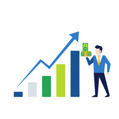 Abstract illustration visualizing successful financial strategy, depicting a professional with capital gains and a progressive upward trend graph