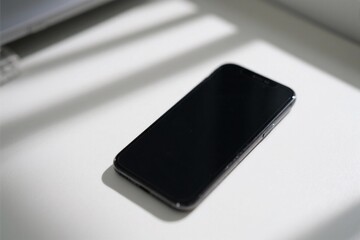 Black Smartphone Resting on a White Surface Under Natural Light