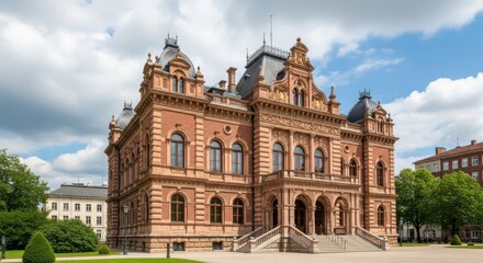 Naklejka premium Historic Brick Mansion with Grand Entrance and Lush Greenery