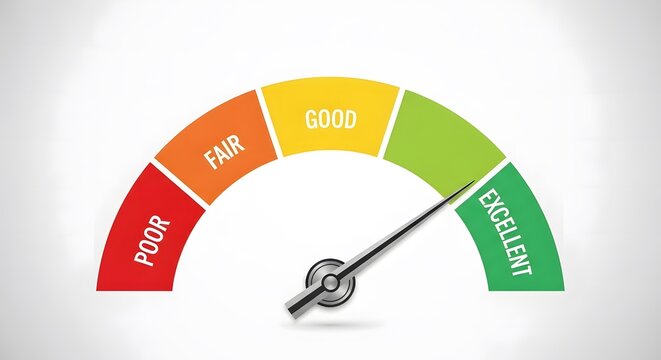 A colorful rating meter with a needle pointing to the excellent green section, indicating a high score.