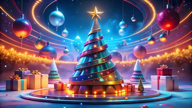 A Dazzling Christmas Display Ornate Tree Presents and Sparkling Ornaments Creating a Festive and Magical Holiday Scene