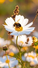 Bee on a white cosmos flower