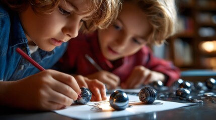 Kids Exploring Magnetism with Iron Filings and Simple Circuits perfect for physics education visuals, early STEM curriculum guides, homeschool science content and classroom discovery campaigns