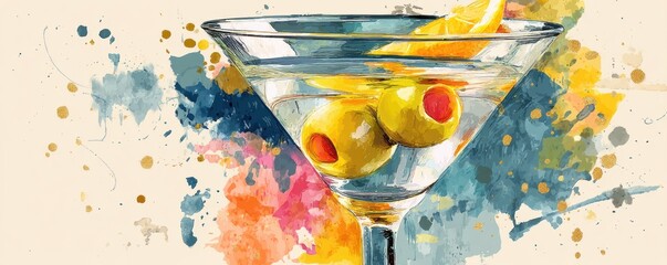 Artistic watercolor illustration of martini cocktail with olives and vibrant background