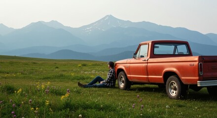A person rests by an orange pickup truck in a vast green meadow with rolling mountains in the background.