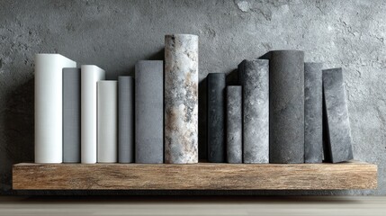 Books in various shades of grey and white on a rustic wooden shelf against a textured concrete wall