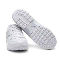 white gym shoes for pe class, slip resistant rubber sole, isolated on white background