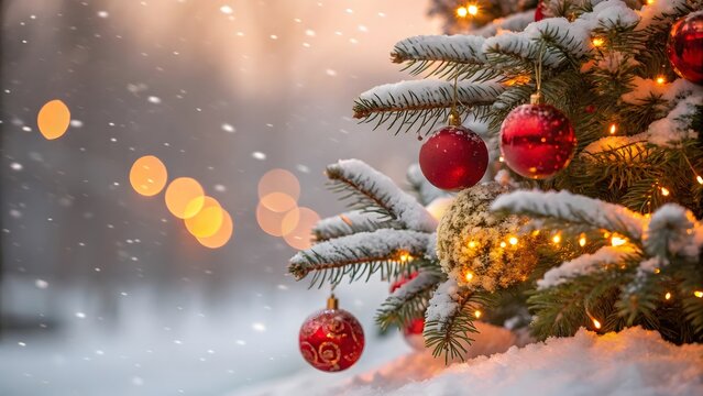 A Festive Christmas Scene Snow-Covered Tree Branches Adorned with Red Ornaments and Twinkling Lights in a Snowy Landscape