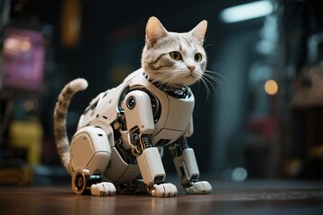 A Curious Robotic Feline Explorer in a Futuristic Workshop