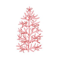 Fototapeta premium Stylized pink Christmas tree with red bows. Minimalist hand drawn vector illustration on white background. Winter holiday and New Year celebration. Design for greeting card, invitation, print, poster.