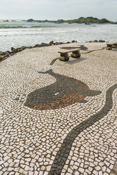 Portuguese style pavement with a whale pattern on the promenade of Arma&ccedil;ao beach - Florianopolis, Brazil