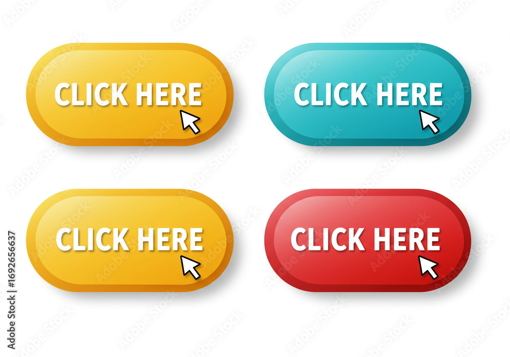Poster colorful clickable buttons with 'click here' prompts, perfect for website design and marketing use
