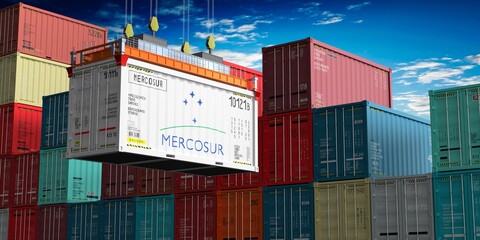 Freight shipping container with flag of Mercosur on crane hook - 3D illustration