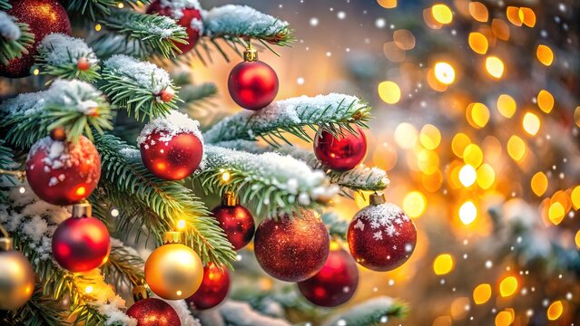 Christmas Tree Adorned with Red and Golden Baubles in Winter Wonderland with Bokeh Lighting and Snowy Sprinkles