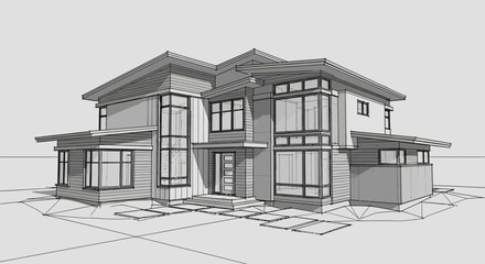 Architectural sketch and 3D render of a new residential house with a modern facade, windows, and roof, perfect for real estate and construction design