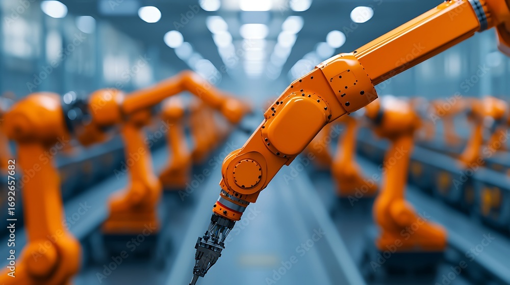 Poster a close-up of an orange robotic arm in a factory setting, showcasing advanced automation technology 