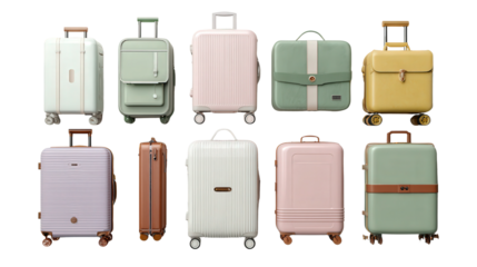 Stylish Luggage: A flat lay of stylish luggage with modern designs and sleek handles, isolated on a Transparent background, PNG file.