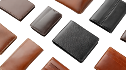 Stylish Minimalist Wallets: A flat lay of stylish minimalist wallets with sleek designs, isolated on a Transparent background, PNG file.