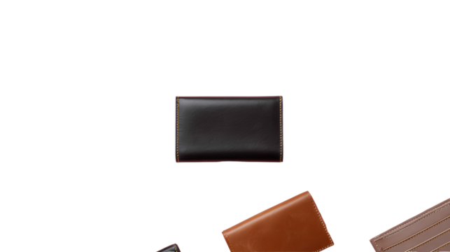Stylish Minimalist Wallets: A flat lay of stylish minimalist wallets with sleek designs, isolated on a Transparent background, PNG file.