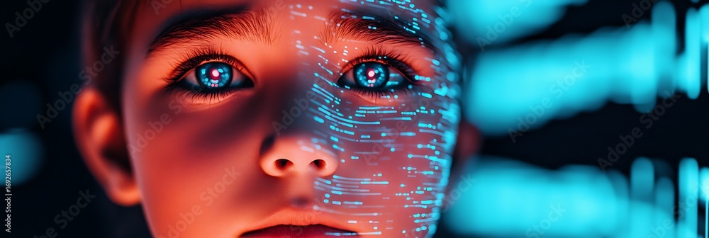 Poster a close-up of a child's face with vibrant blue digital patterns reflecting in their eyes, creating a
